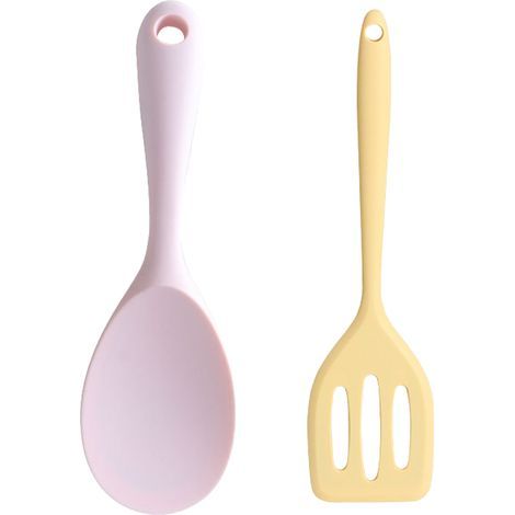 Ensemble d'ustensiles de cuisine en silicone (2 pièces), résistants aux hautes températures, compatibles lave-vaisselle, jaune et rose.