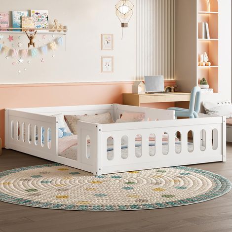 Lit plateforme en bois 140x200cm : avec balustrade, couleur blanc (1/5)