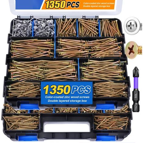 Coffret de 1350 vis autotaraudeuses en acier au carbone zingué, vis à tête fraisée cruciforme PH, assortiment de vis à bois et vis pour plaques de plâtre, boîte de rangement (1/4)