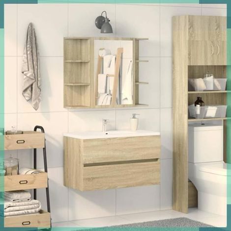 849603 Armoire à miroir de bain Chêne sonoma 80x20,5x64 cm Aggloméré (1/5)
