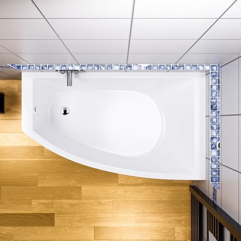 ECOLAM Baignoire d'angle Hela 150x90 cm  version droite  Vidange automatique + pieds et silicone  Baignoire acrylique blanc (1/4)