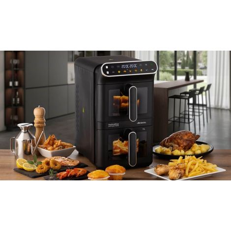 Ariete 4640 Air Fryer Vertical Duo - Friteuse à air double verticale, 11 L, 2460 W, 6 programmes, fonctions Sync et Dual, jusqu'à 200 °C, noire