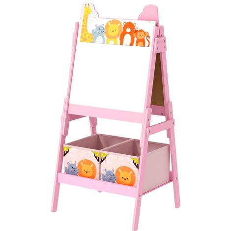 Chevalet de peinture 2 en 1 pour enfants avec tableau blanc, tableau noir et boîtes de rangement, pour les enfants de 3 à 8 ans, rose