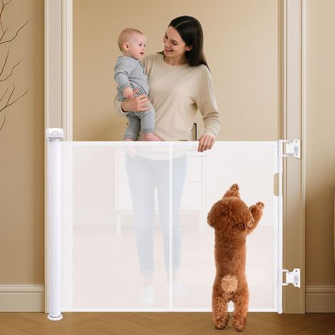 Barrière de Sécurité Rétractable pour Bébé et Chien Porte de Sécurité Enroulable pour Escaliers et Couloirs 0-150 cm Blanc (1/5)
