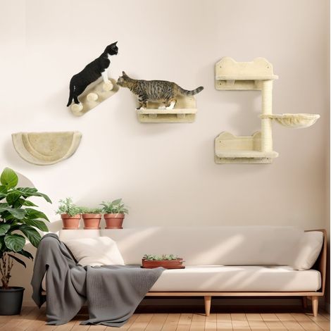 Rascador de pared para gatos con escalera beige OKMYHOME (1/4)
