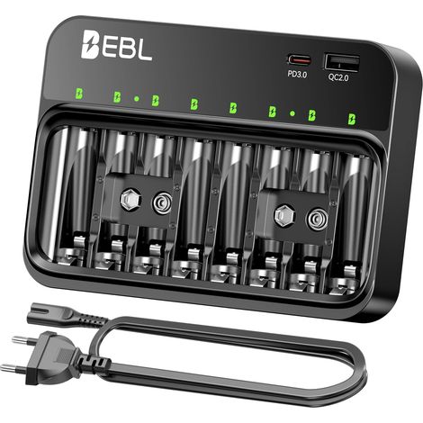 Chargeur de Piles AA AAA 9V NiMH NiCD, PD 20W Chargeur Piles Universel Rapide Charge, 2 Sortie USB C et Micro USB pour Charger Téléphone et Tablette, Universel pour Electronique Domestique (1/5)