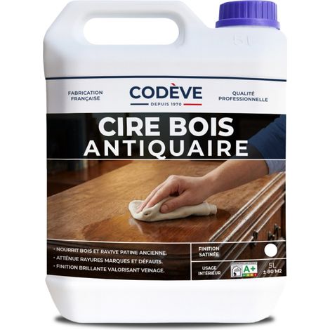 Codève Bois – Cire antiquaire incolore 5 L – Pour entretien boiseries bois brut et ancien – Formule cire d'abeille renforcée – Rendement 16 à 17 m²/L