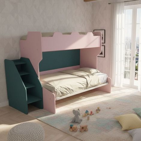 Letto a castello 3 posti con terzo letto estraibile e scaletta contenitore - Una piazza e mezza - Cipria e Verde petrolio (1/5)