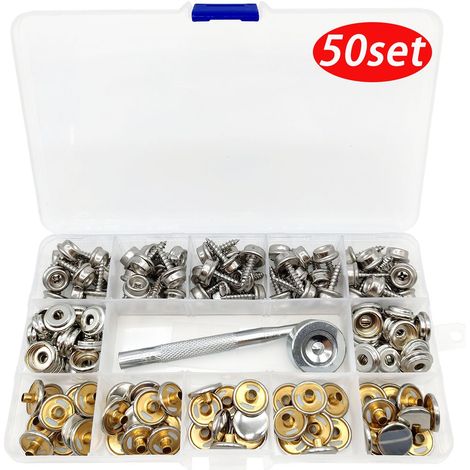 Lot de 50 boutons-pression marins en acier inoxydable avec 2 outils d'installation (15 mm), boutons-pression, boutons-pression pour bâche, boutons-pression métalliques (1/5)