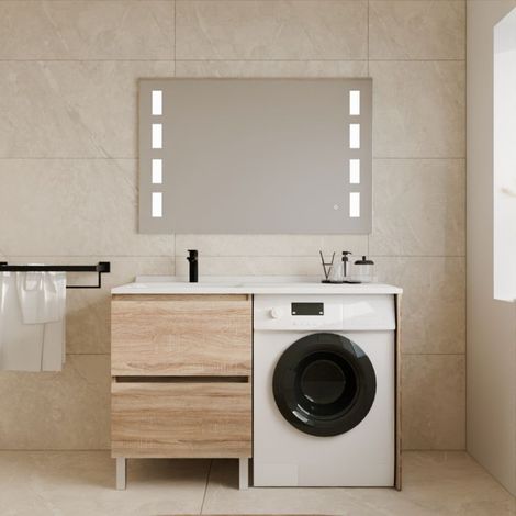 Cuisibane – Meuble lave-mains 60 cm avec 2 tiroirs – Plan vasque déportée à gauche – Résine synthétique – Hauteur ajustable avec vérin
