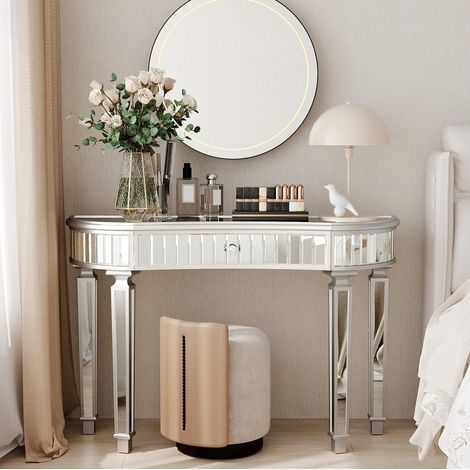 Mesa consola de MDF y vidrio espejo 120 x 38 x 78 cm gris y plata con cajón, forma de media luna (1/5)