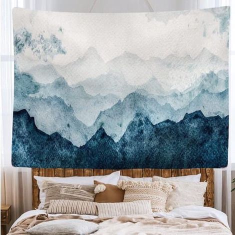 Peinture murale aquarelle « Montagne Bleu Rouille », grande tapisserie, 200 x 150 cm (1/5)