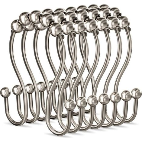 Anneaux de rideau de douche en métal antirouille à glissement lisse, doubles crochets de rideau de douche pour salle de bain, tringle à rideaux de douche, ustensiles de cuisine, lot de 12, nickel
