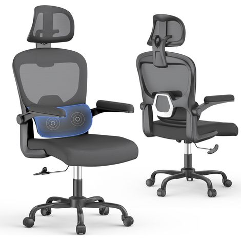 Rattantree - Chaise de Bureau Ergonomique - Support Lombaire - Réglable en hauteur 43-53 cm - accoudoir rabattable à 90°- Inclinaison 90-120° - appui-tête 2D - Pivotante à 360° - charge 150KG - Noir