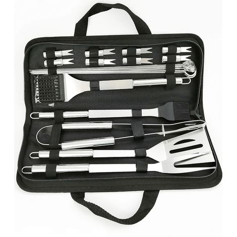 Ensemble d'ustensiles de barbecue en acier inoxydable : pinces, fourchette à viande, brosse, spatule, 5 brochettes + sac de transport pour pique-nique, camping et grillades. (1/5)