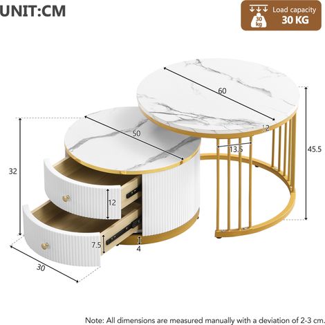 Set de 2 mesas de centro nido redondas 60x60x45,5 y 50x50x32 cm blancas con 2 cajones (1/5)
