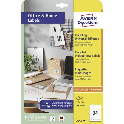 Avery-Zweckform LR3475-10 Etiquette universelles 70 x 36 mm papier recyclé blanc 240 pc(s) fixation permanente impriman (1/4)