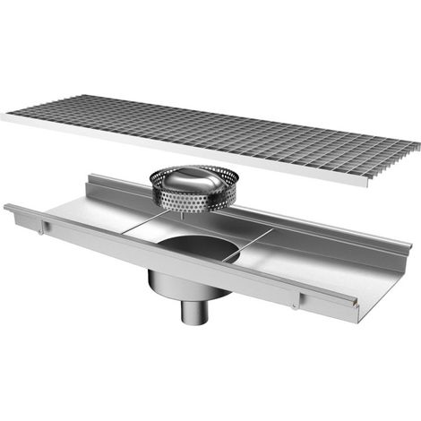 Caniveau avec caillebotis, sortie verticale ø 63 mm et filtre rond, 1050x300x150 mm - VIRTUS