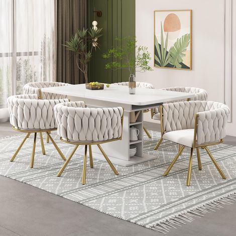 Ensemble de 6 chaises de salle à manger en velours, fauteuil pivotant de luxe à une lumière pour salon/chambre, fauteuil pivotant de détente avec quatre pieds de support en métal, beige et or