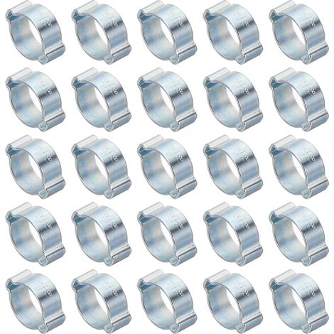 50 Pcs 15-18mm Collier de Serrage à Double Oreille, Anneaux de Sertissage de Clip Torique en Acier Galvanisé pour Connexions de Raccords Tubes Essence Carburant, Ton Argenté (1/5)