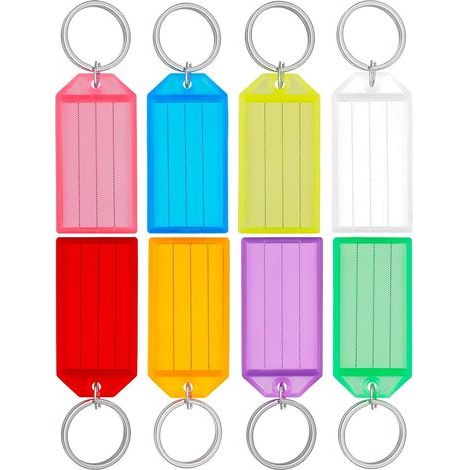 24 Pièces Porte Clés Porte Clef en Plastique de 5 cm avec Étiquettes en Papier Vierge Lignées Couvercles Transparents et Anneaux Fendus Identificateurs d'articles Robustes, 8 couleurs (1/5)