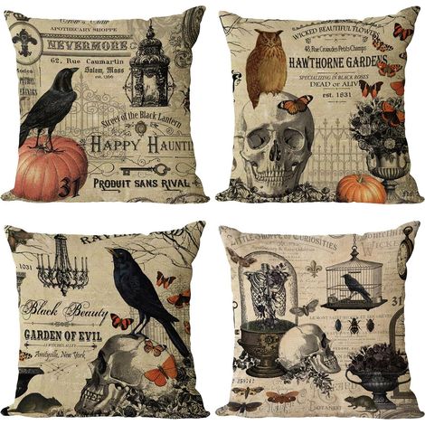 Juego de 4 fundas cuadradas decorativas para cojines de Halloween, fabricadas en poliéster, aptas para sofás de exterior, con unas dimensiones de 45 x 45 cm. (1/5)