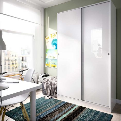 Befara – Armoire 2 portes coulissantes 120x200 cm – Mélamine haute résistance – Compartiments avec étagères réglables – Finition blanche brillante (1/5)