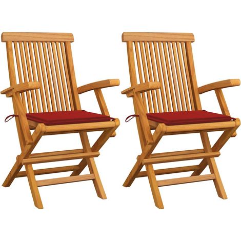Chaises de jardin et coussins rouge lot de 2 Bois teck massif (1/5)