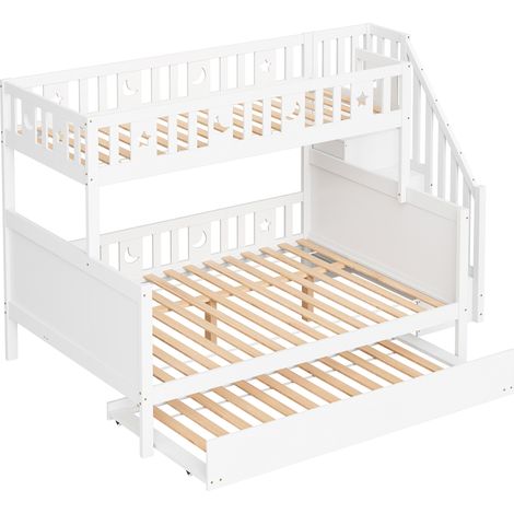 Lit superposé enfant 90 x 200 / 140 x 200 cm avec escalier, lit gigogne, sommier blanc (1/5)
