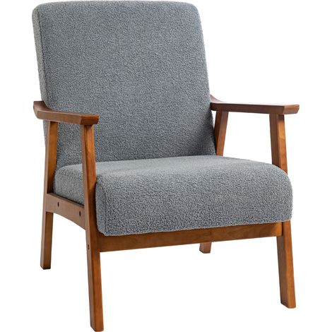 Wide Seat Boucle Accent Armchair with Thick Padding and Solid Wood Frame for Living Room, Bedroom, Office, and Balcony in Grey