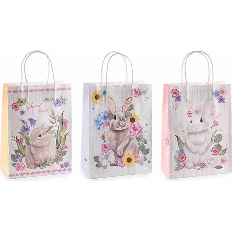 Sacchetti / buste medi in carta di Pasqua con stampa coniglietti, set da 36 pezzi, cm 18,5 x 9,5 x 25,5 H