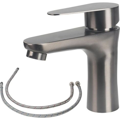 Waschtischarmatur aus Edelstahl 304, Badarmatur mit flexiblem Schlauch, Spültischarmatur mit Montagezubehör, Handseifenspender für Warm- und Kaltwasser (grau)