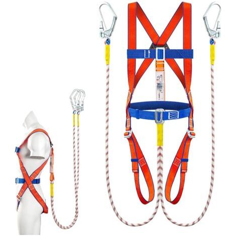 Harnais de sécurité 5 points avec 2 points de connexion – Sangle lanyard 2m – Boucles en acier renforcées – Circonférence réglable 50-120 cm (1/5)