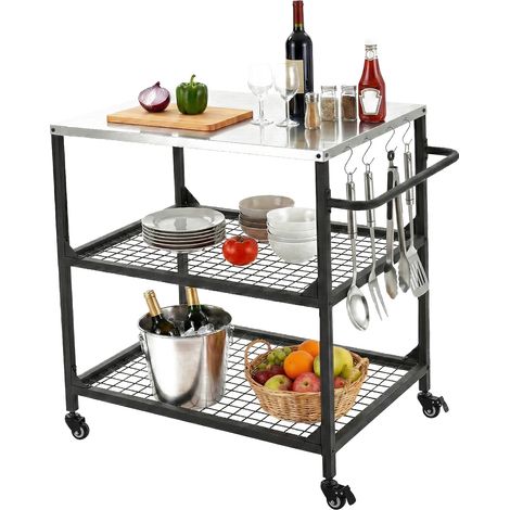 Mophorn Carrello per barbecue da esterno in acciaio inossidabile 800 x 610 mm, dotato di 4 ruote, maniglia laterale e due ripiani in rete, ideale per la preparazione di grigliate in patio e giardino