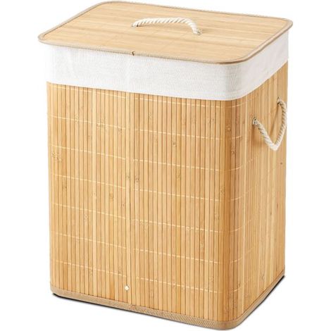 Panier à linge - JUANIO - 60 L - Bambou naturel - Avec couvercle - Sac en tissu blanc (1/5)
