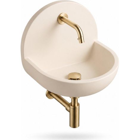 Saniclass Fuente Ensemble de lave-mains - 46.5x35x43.2cm - solid surface blanc cassé - robinet de lave-mains - bonde - siphon - laiton brossé (1/5)