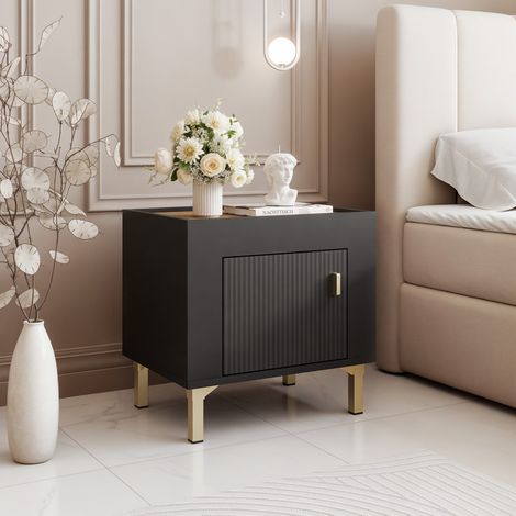 Table de Chevet AVENA - avec porte - sur pieds - 48x36x47 cm - Noir/chêne (1/5)