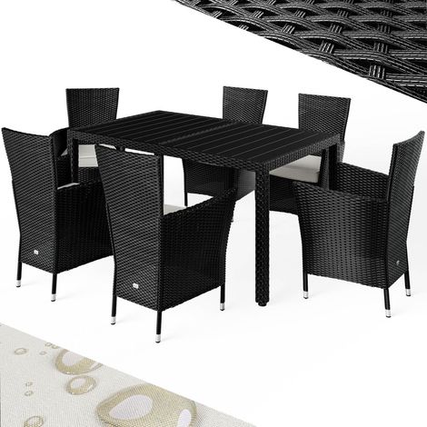 CASARIA® Ensemble salon de jardin 7 pièces polyrotin noir set 1 table + 6 chaises avec coussins bar de jardin exterieur