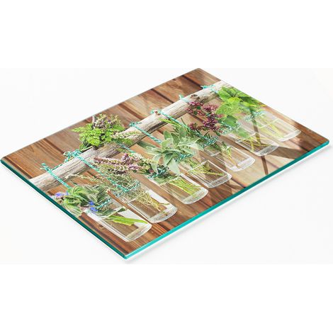 Tabla de cortar decorativa de cristal para hierbas en tarros, 80x52 cm