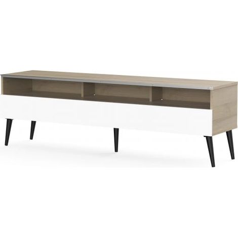 Meuble TV 1 porte 3 niches bois clair et blanc Solna 160 cm (1/5)