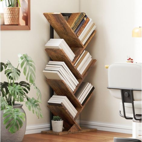 MEUBLIV estantería librería de 7 niveles marrón rústico, diseño árbol, ahorro de espacio (1/5)