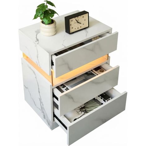 ELVMI Mesita de Noche con 3 Cajones y LED RGB, Dormitorio y Salón, en Madera Aglomerada, Blanco Mate (1/5)