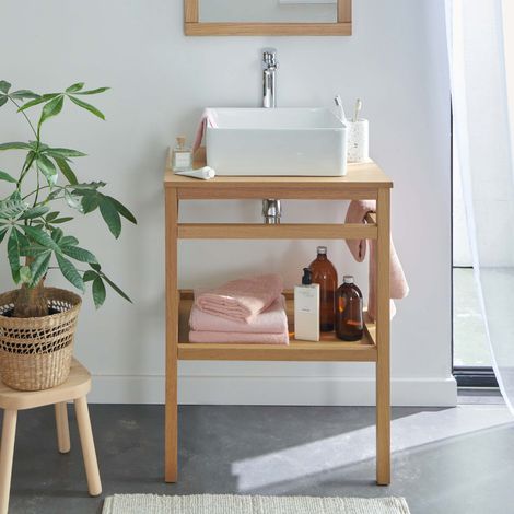 Mueble 60cm roble lavabo cuadrado blanco y grifo HOPP