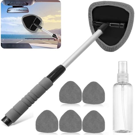 Nettoyeur de vitres de voiture, pivotant à 180° et extensible, avec 5 tampons en microfibre et flacons pulvérisateurs, kit de nettoyage pour vitres de voiture, gris (1/5)