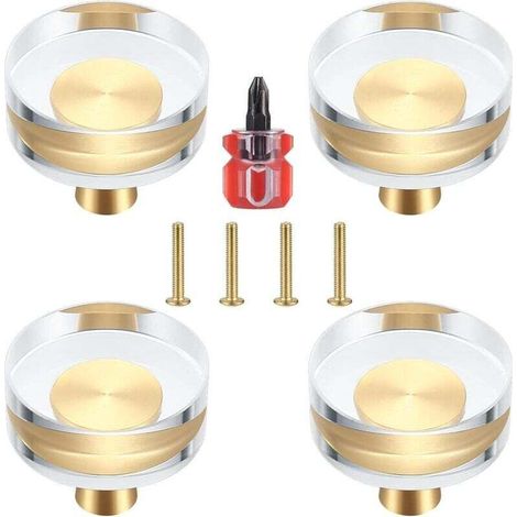 Lot de 4 Boutons de Porte en Cristal Transparent et Laiton pour Armoires, Tiroirs, Placards et Meubles - 30x27 mm (30x27 mm)