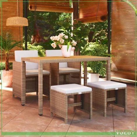 Ensemble à manger de jardin - FAFEICY - 3095501 - 5 pcs - Résine tressée beige - Plateau acacia (1/5)