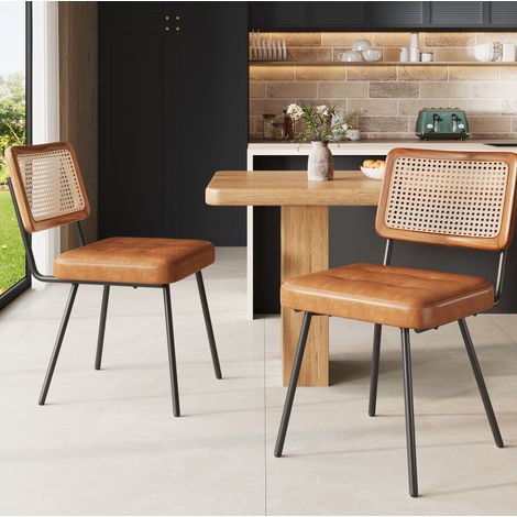 Silla de comedor 61x46x79 cm de PU y metal, estilo retro con respaldo de ratán y patas regulables (1/5)