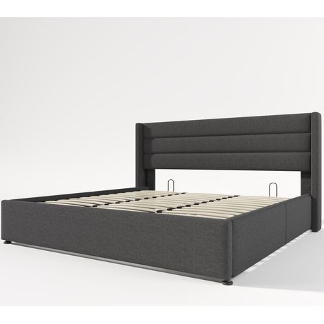 Cama con almacenaje tapizada hidráulica 180x200 cm gris en lino con somier de láminas de madera (1/5)