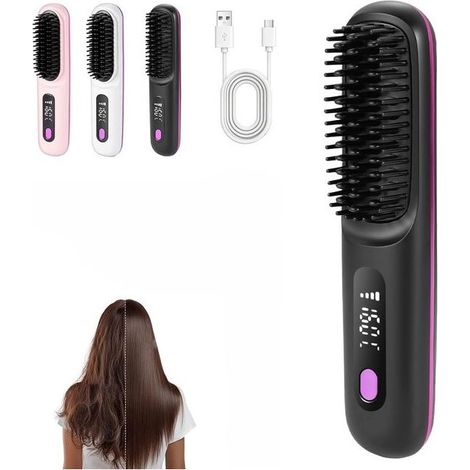 Brosse lissante sans fil en céramique avec 3 niveaux de température, brosse chauffante rechargeable USB-C pour tous types de cheveux, noir (1/2)