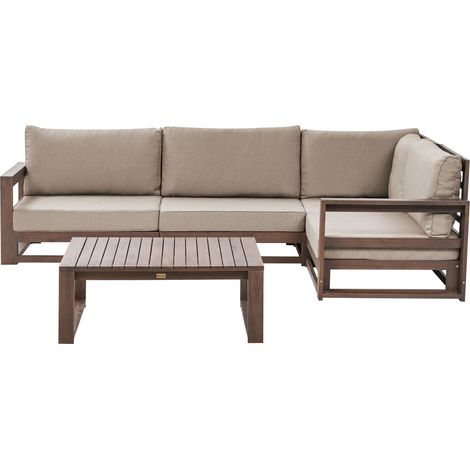 Salon de Jardin 4 Places et Table Basse en Bois d'Acacia Coussins Taupe Timor II